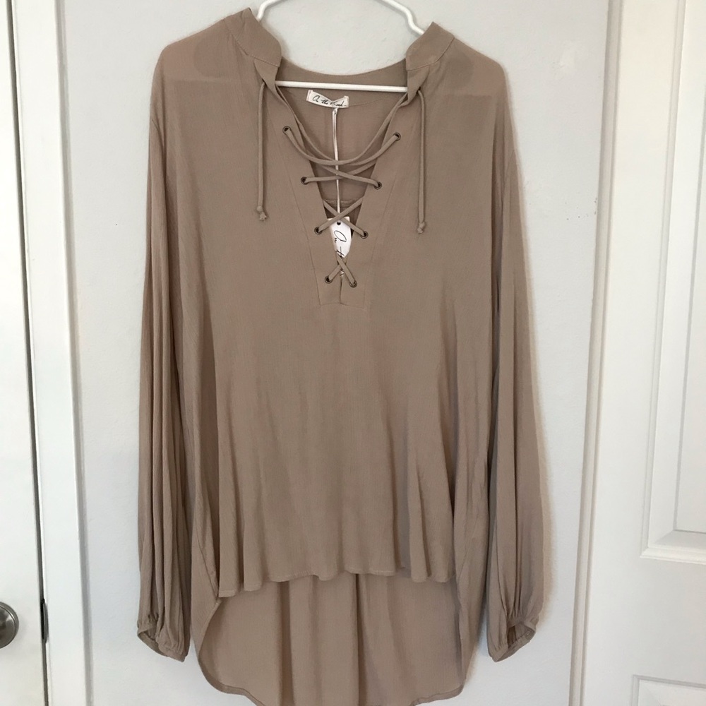 Tan Lace Up Blouse